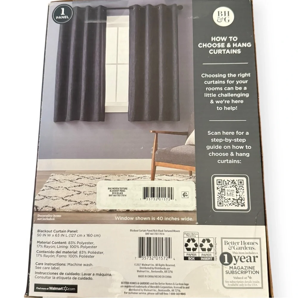 50”x63” Better Homes & Gardens Blackout Curtain Panel Single‎ Panel